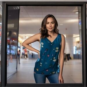 Women Top OLD NAVY Blue Multicolored Floral Print Tank Top Sleeveless Blouse